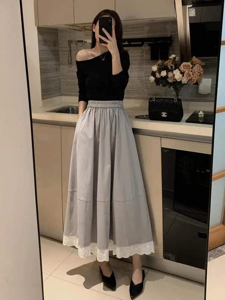 Spring Summer French Fashion Patchwork Lace Elegant Versatile Long Skirt Women Vintage High Waisted Vacation Pleated Half Skirts