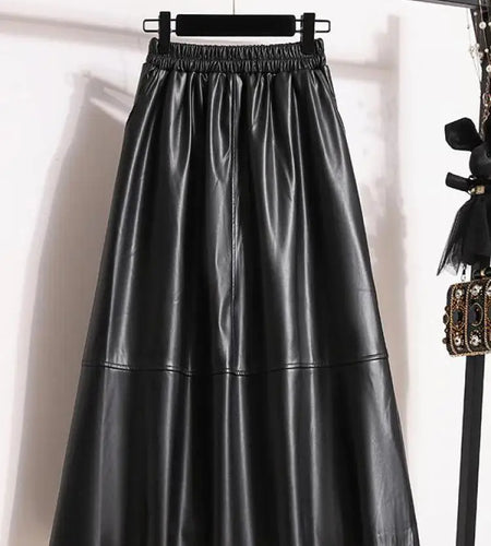 Fashion Black Elegant Pu Leather Pleated Long Skirt Women's Brown Elegant High Waist Plus Size A-line Party Skirt Femme New