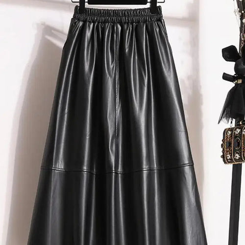 Load image into Gallery viewer, Fashion Black Elegant Pu Leather Pleated Long Skirt Women&#39;s Brown Elegant High Waist Plus Size A-line Party Skirt Femme New
