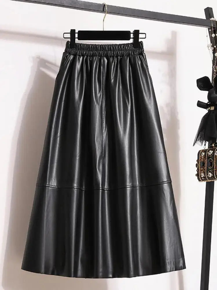 Fashion Black Elegant Pu Leather Pleated Long Skirt Women's Brown Elegant High Waist Plus Size A-line Party Skirt Femme New