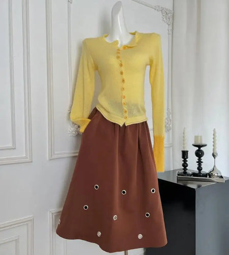 Vintage Women Brown A-line Long Skirts Spring Autumn Korean Fashion High Waist Elegant Hollow Out Simple Skirt Streetwear Trendy