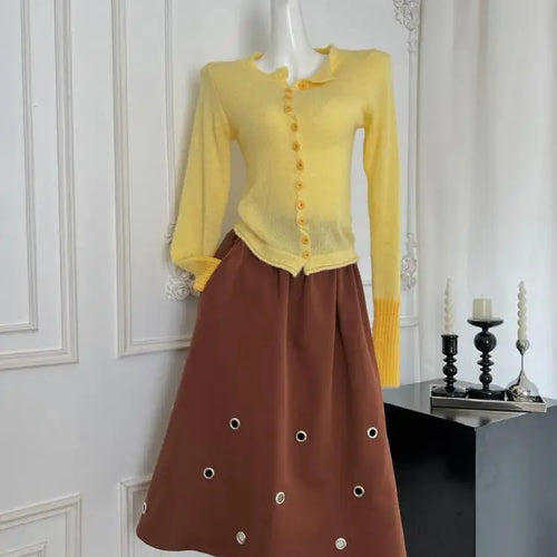 Load image into Gallery viewer, Vintage Women Brown A-line Long Skirts Spring Autumn Korean Fashion High Waist Elegant Hollow Out Simple Skirt Streetwear Trendy
