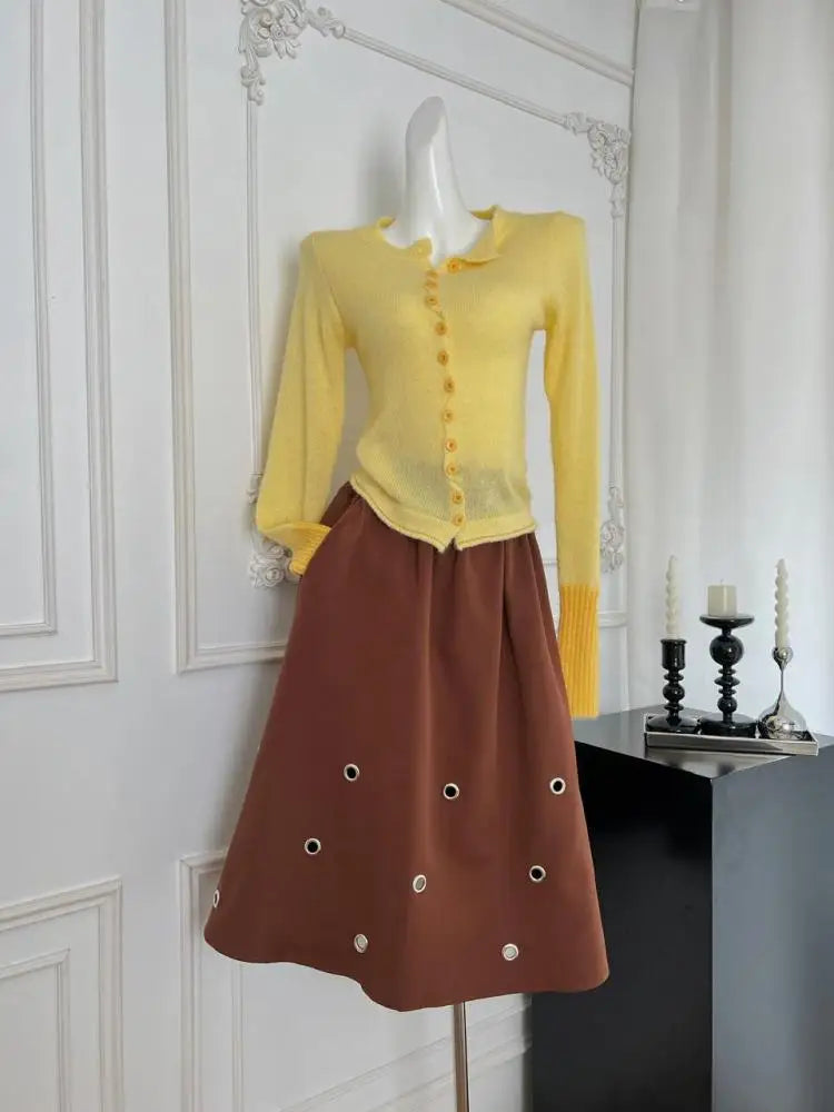 Vintage Women Brown A-line Long Skirts Spring Autumn Korean Fashion High Waist Elegant Hollow Out Simple Skirt Streetwear Trendy