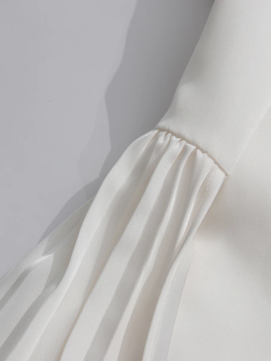 Elegant Pleated Lace Up Trench for Women V Neck Long Sleeve Tunic Minimalist White Coats Female Fashion Clothes