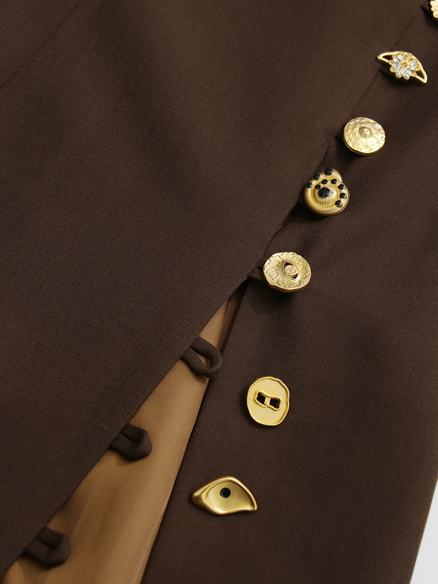 Solid Slimming Spliced Breasted Fashion Dresses for Women Round Neck Long Sleeves High Waist Dress Female Clothing