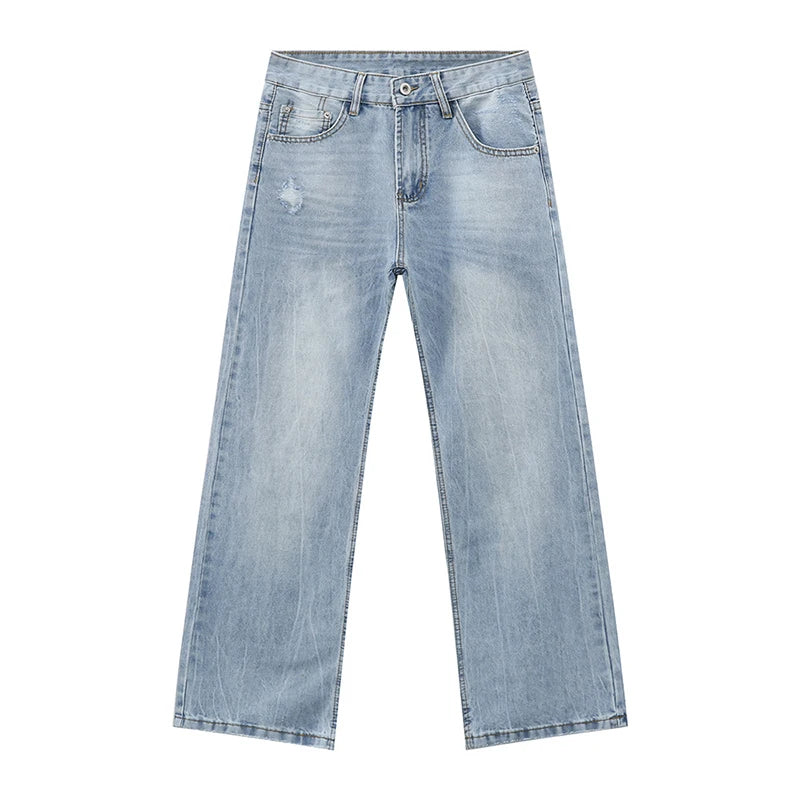 Men's Denim Pants New American Style Hole Design Casual Straight Wide Leg Gradient Color Trendy Male Loose Jeans 9W1840