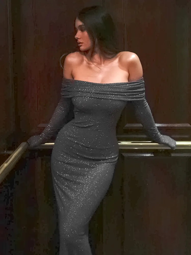 Sexy Buttocks Wrapped Long Dress For Women Fashion Temperament Ironing Board Slim One Line Neck Party Evening Dress 2024