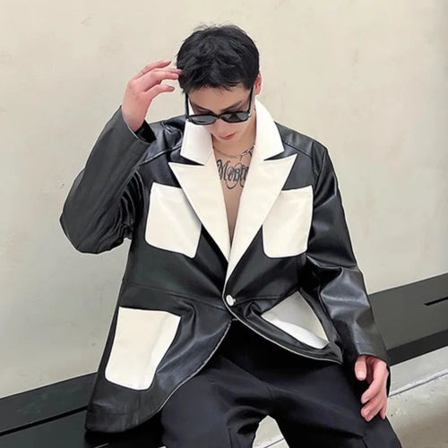 Load image into Gallery viewer, Patchwork Men&#39;s Jacket New Spring Design PU Leather Stylish Jacket Contrast Color Multi Pockets Male Clothing 9W1519
