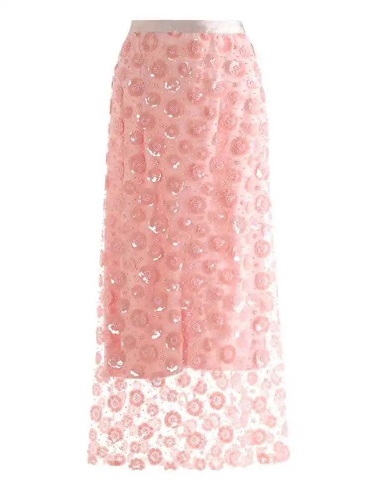 High Elastic Waist Black Nailed Sequins Mesh Elegant  Half-body Skirt Women Fashion Tide New Spring Autumn 2025 1DH9911