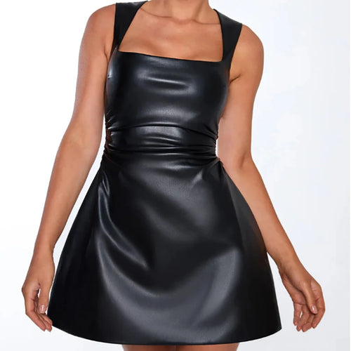 Load image into Gallery viewer, Black PU Leather Sexy Mini Dress For Women Robe Fashion Square Collar Sleeveless Backless High Waist A-line Club Dress

