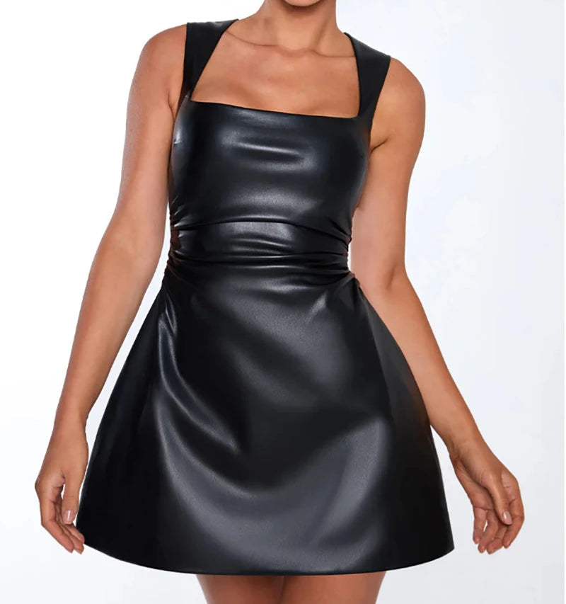 Black PU Leather Sexy Mini Dress For Women Robe Fashion Square Collar Sleeveless Backless High Waist A-line Club Dress