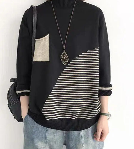2024 New Women Striped Patchwork Half High Neck Knitted Tops Streetwear Autumn Winter Casual Long Sleeve Pullover Sweater Trendy