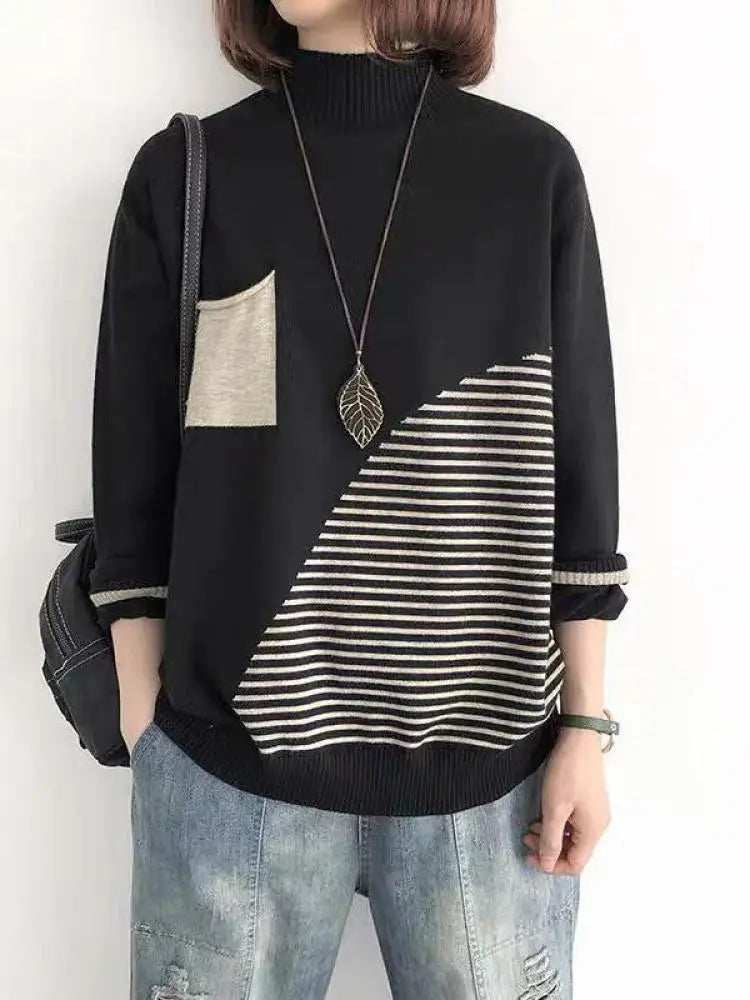2024 New Women Striped Patchwork Half High Neck Knitted Tops Streetwear Autumn Winter Casual Long Sleeve Pullover Sweater Trendy