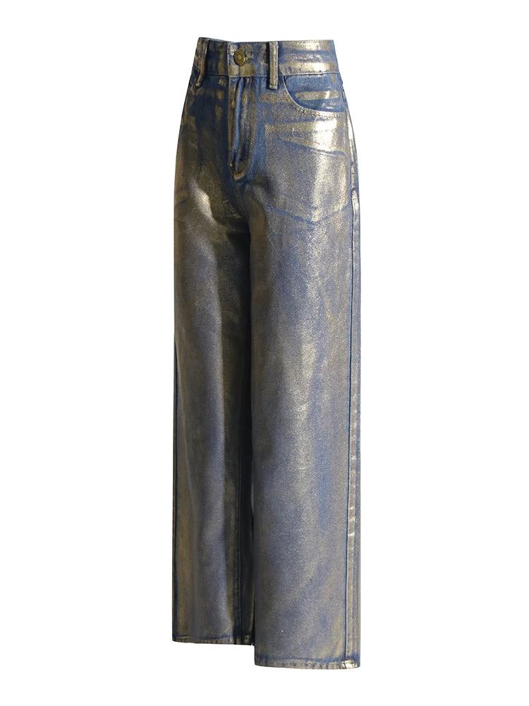 Colorblock Casual Loose Pants For Women High Waist Spliced Button Streetwear Straight Leg Pant Female Fashion