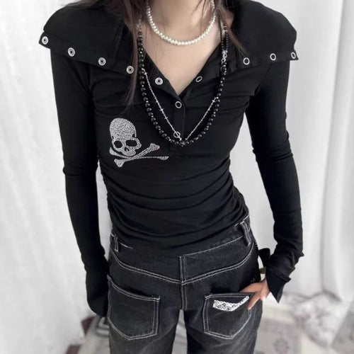 Load image into Gallery viewer, Y2k Aesthetic Diamond Skull Women T-shirt Gothic Punk Vintage Turn Down Collar Fairy Tshirts Streetwear Grunge Slim Fit Tees
