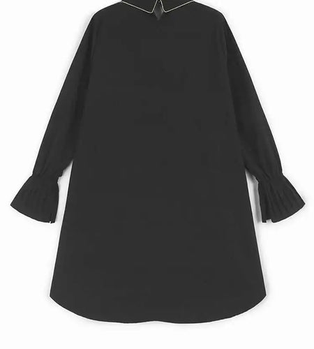 Women Black Color-block Irreuglar Pleat Big Size Shirt Dress New Lapel Long Sleeve Fashion Tide Spring Autumn 2025 1DH9804