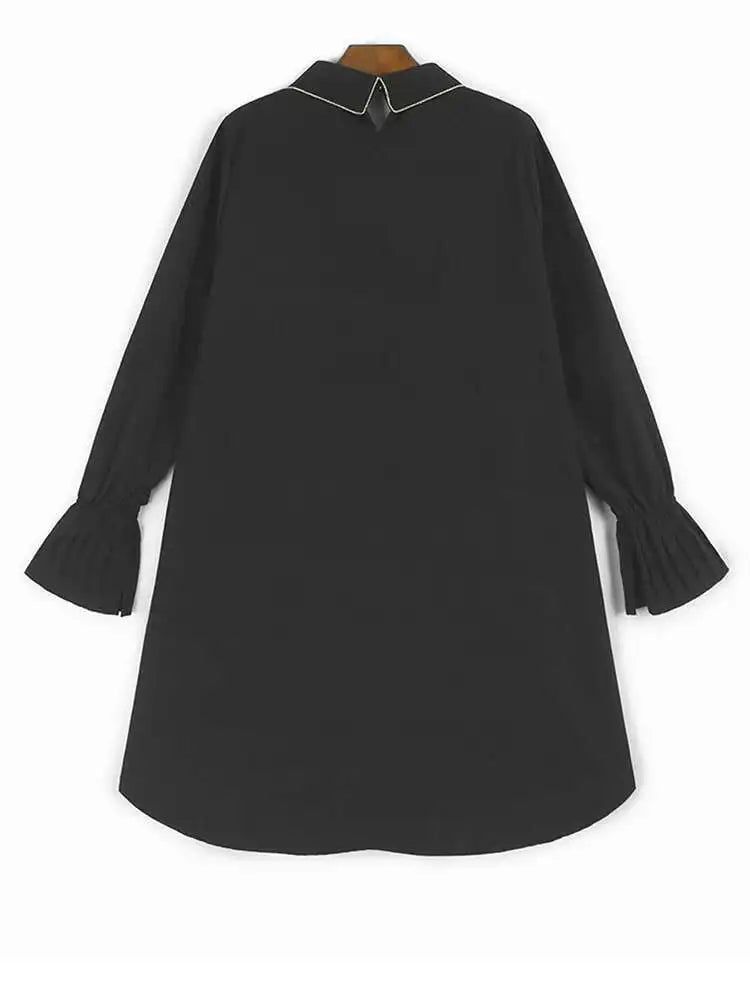 Women Black Color-block Irreuglar Pleat Big Size Shirt Dress New Lapel Long Sleeve Fashion Tide Spring Autumn 2025 1DH9804