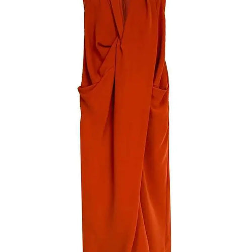 Load image into Gallery viewer, Women Orange Pocket Knot Elegant  Long Big Size Dress New V-Neck Sleeveless Fashion Tide Spring Summer 2025 1DH6380
