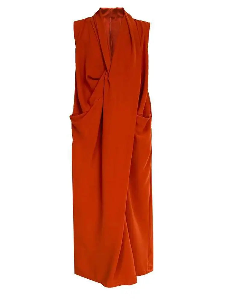 Women Orange Pocket Knot Elegant  Long Big Size Dress New V-Neck Sleeveless Fashion Tide Spring Summer 2025 1DH6380