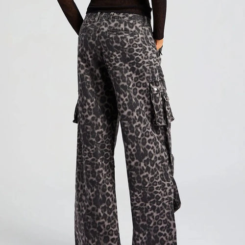 Load image into Gallery viewer, Leopard Spliced Pockets Casual Floor Length Trousers For Women High Waist Streetwear Loose Wide Leg Pants Female Fashion
