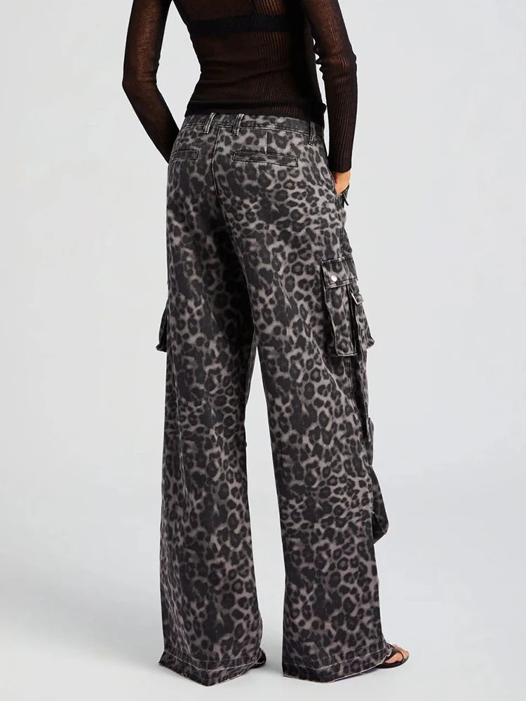 Leopard Spliced Pockets Casual Floor Length Trousers For Women High Waist Streetwear Loose Wide Leg Pants Female Fashion