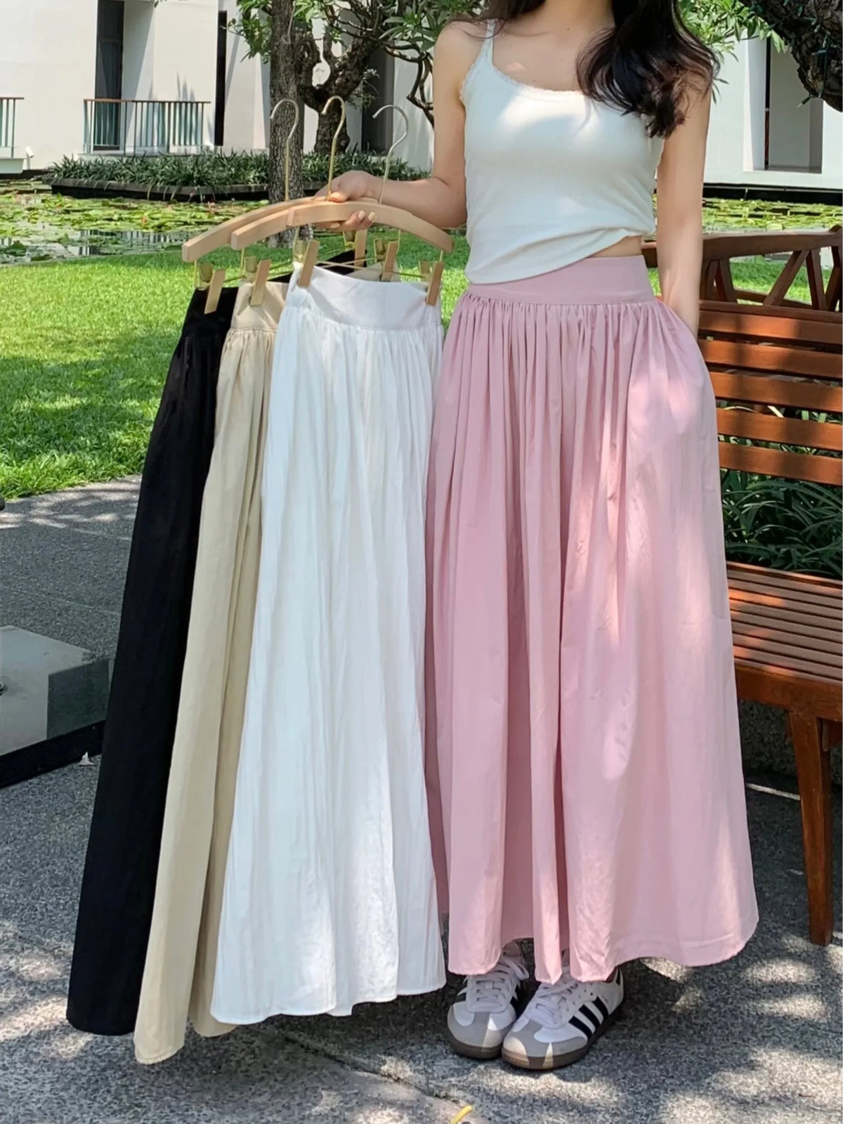 Spring Summer Women Solid Holiday Pleated Half Long Skirts Vintage Elastic High Waist Chic A-line Skirt Simplicity Casual Street