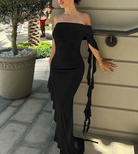 Strapless One Shoulder Solid Ruffles Irregular Sexy Bodycon Maxi Dress 2024 Summer Women Elegant Party Festival Outfit