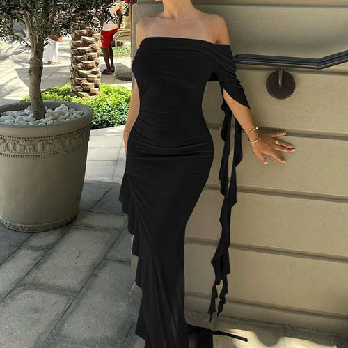 Load image into Gallery viewer, Strapless One Shoulder Solid Ruffles Irregular Sexy Bodycon Maxi Dress 2024 Summer Women Elegant Party Festival Outfit

