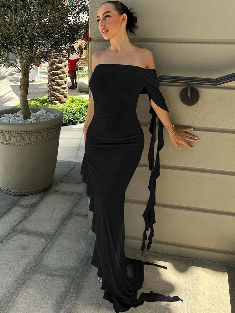 Strapless One Shoulder Solid Ruffles Irregular Sexy Bodycon Maxi Dress 2024 Summer Women Elegant Party Festival Outfit