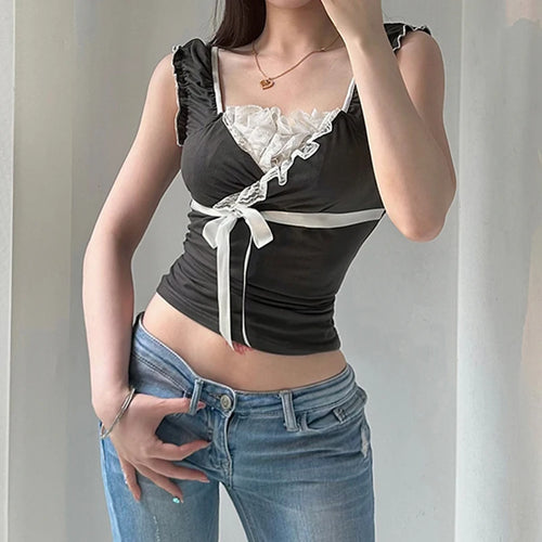 Load image into Gallery viewer, Vintage Y2K Aesthetic Ruched Sweet Women T-shirts Korean Lace Patched Slim Tie-Up Bow Crop Top Tee Girls Cute Outfits
