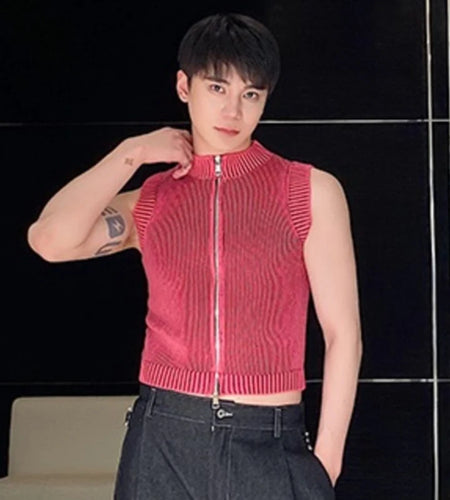 Male Knit Vest Casual Stand Collar Zipper Solid Color Elasticity Men Knitting Sleeveless Top spring Stylish 9C4960