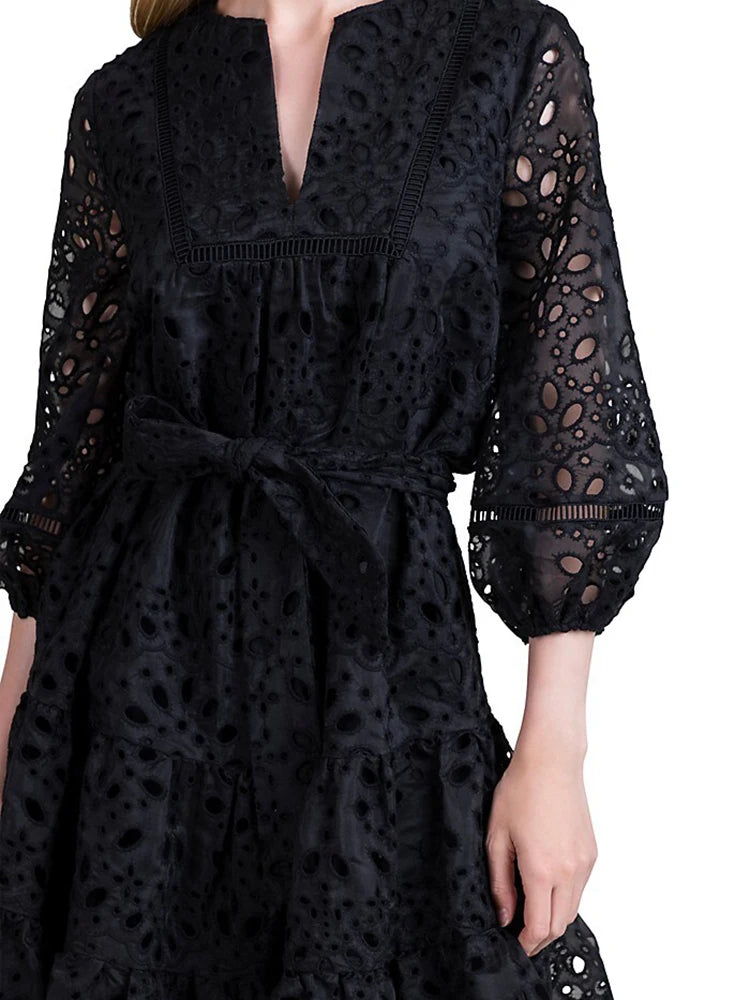 Elegant Embroidery Dresses For Women Round Neck Lantern Sleeve High Waist Solid Mini Folds Dress Female 2023 Fashion New