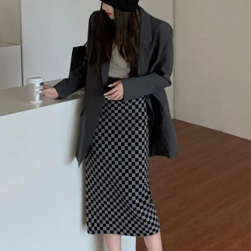 Load image into Gallery viewer, Women&#39;s Plaid Jacquard High Waisted Midi Skirt A-line Bodycon Long Pencil Skirt Y2K Streetwear E-Girl 90s Fashion C-095
