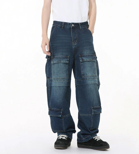 Multi Pockets Patchwork Design Men's Cargo Jeans American Style Solid Color Straight Wide Leg Loose Male Denim Pants 9W1269