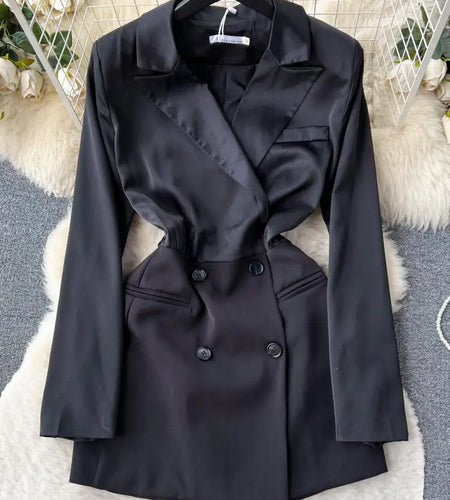 2023 Spring Autumn Black Elegant Office Lady Suit Dress Women Brown Double Breasted Irregular Waist Blazer Pleated Short Dresses