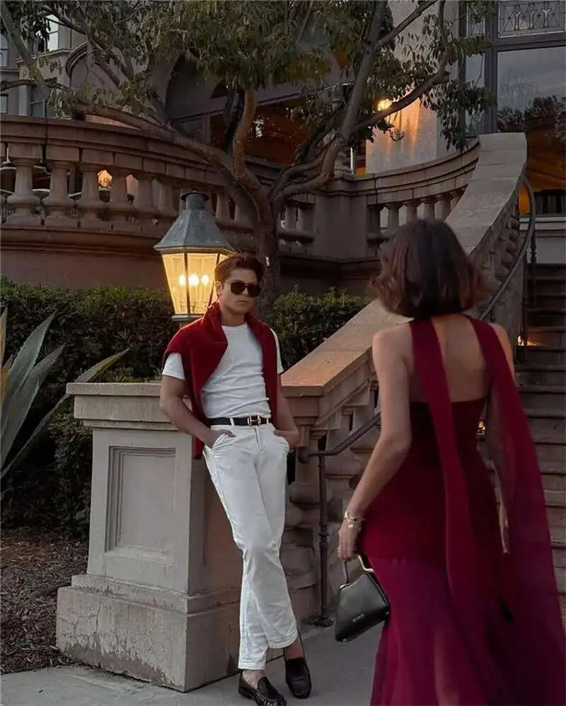 Elegant Strapless Sexy Maxi Dress For Women Gown With Scarf Off-shoulder Sleeveless Backless Split Beach Long Dress