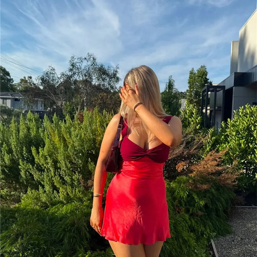 Load image into Gallery viewer, Patchwork Sleeveless Sexy Mini Dress For Women Robe Satin Strapless Backless Lace-up High Waist A-line Club Dress
