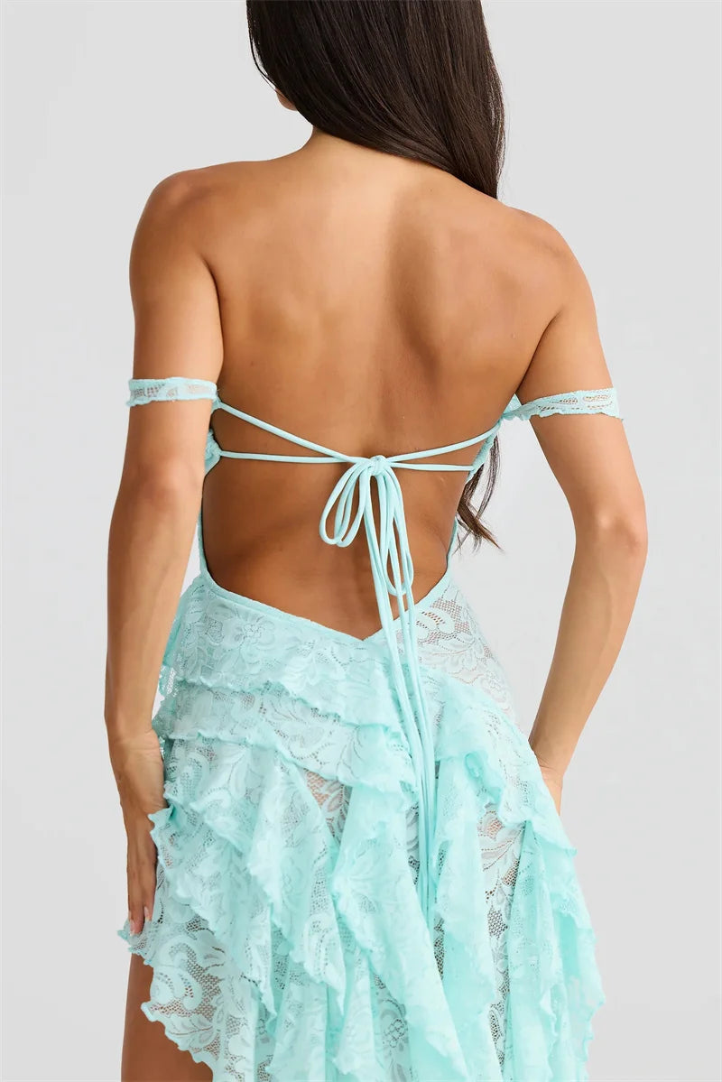 Lace Ruffle Sexy Maxi Dress Women Fashion Summer Off-shoulder Strapless Sleeveless Backless Beach Holiday Club Dress