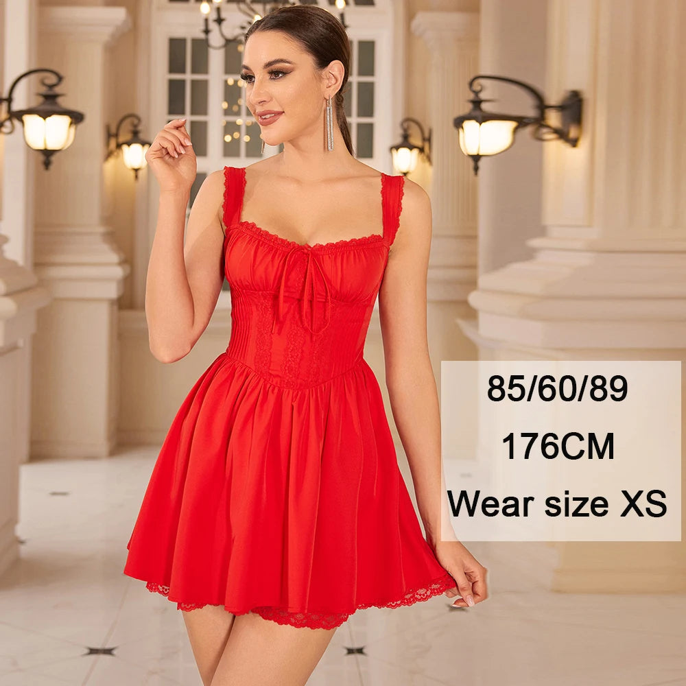 Summer Dresses for Women 2023 Red Spaghetti Strap A Line Dress Lovely Elegant Lace Up Party Dress Mini Vacation Dress
