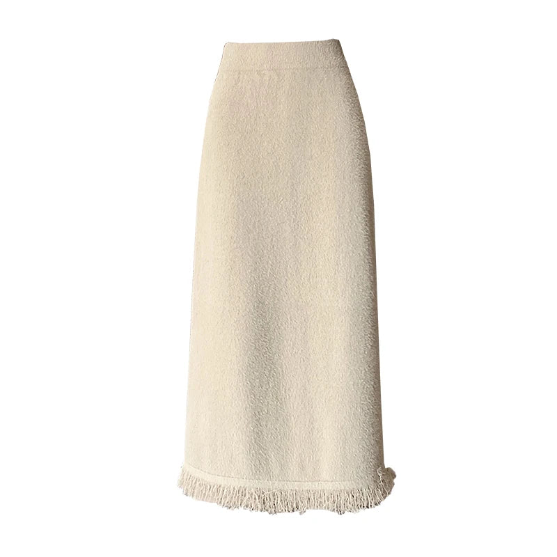 Vintage Women Black White Tassel Elegant High Waist Party Long Skirt 2024 Autumn Winter Khaki Straight Wrap Hip Knitted Skirts