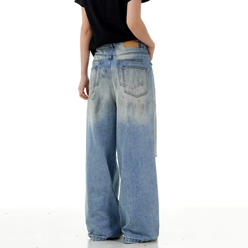 Men's Hole Jeans New American Style Distressed High Street Ripped Jeans Street Handsome Straight Wide Leg Summer 9W1719