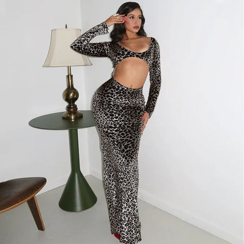 Load image into Gallery viewer, Leopard Print Long Sleeve Sexy Maxi Dress For Women Fashion Hollow Out Bodycon Printed Sexy Long Dress Elegant
