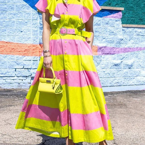 Load image into Gallery viewer, Women Contrast Color Maxi Dress 2025 Summer Elegant Pleated Stripes Belted with Pockets Party Long Dresses for Woman
