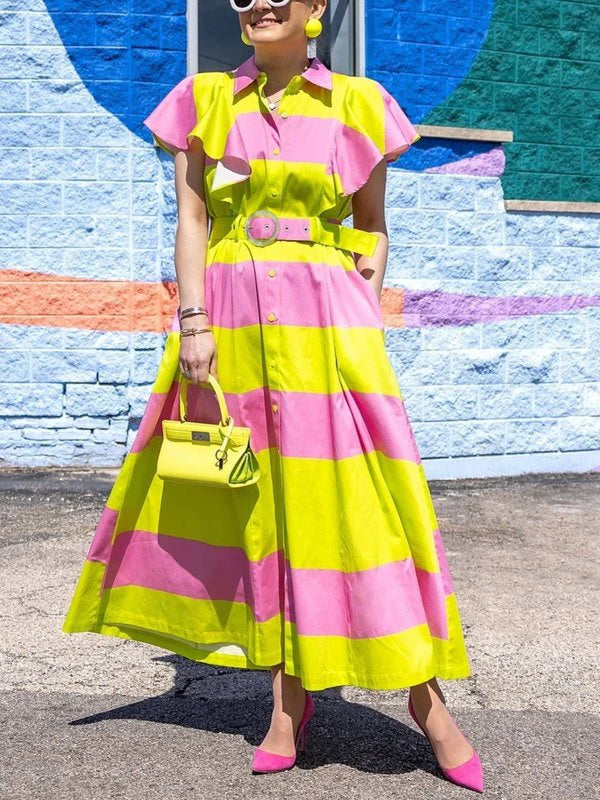 Women Contrast Color Maxi Dress 2025 Summer Elegant Pleated Stripes Belted with Pockets Party Long Dresses for Woman