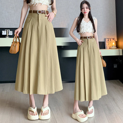 Load image into Gallery viewer, Black Beige Denim Long Skirt For Women 2024 Spring Summer New Brown High Waist Pleated A-line Umbrella Jean Skirts Office Lady
