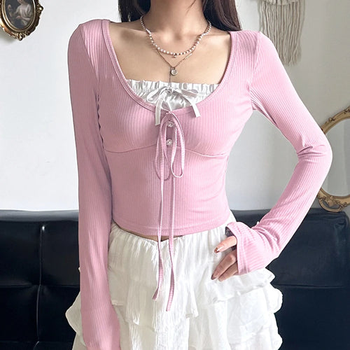 Load image into Gallery viewer, Korean Pink Sweet Patched Women&#39;s T-shirts Fall Tie-Up Girls Cutecore Coquette Clothes Tee Shirts Short Tops Contrast
