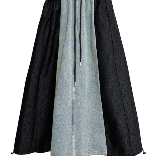 Load image into Gallery viewer, High Elastic Waist Black Denim Lace Color-block A-line Half-body Skirt Women Fashion Tide New Spring Autumn 2025 1DJ0847
