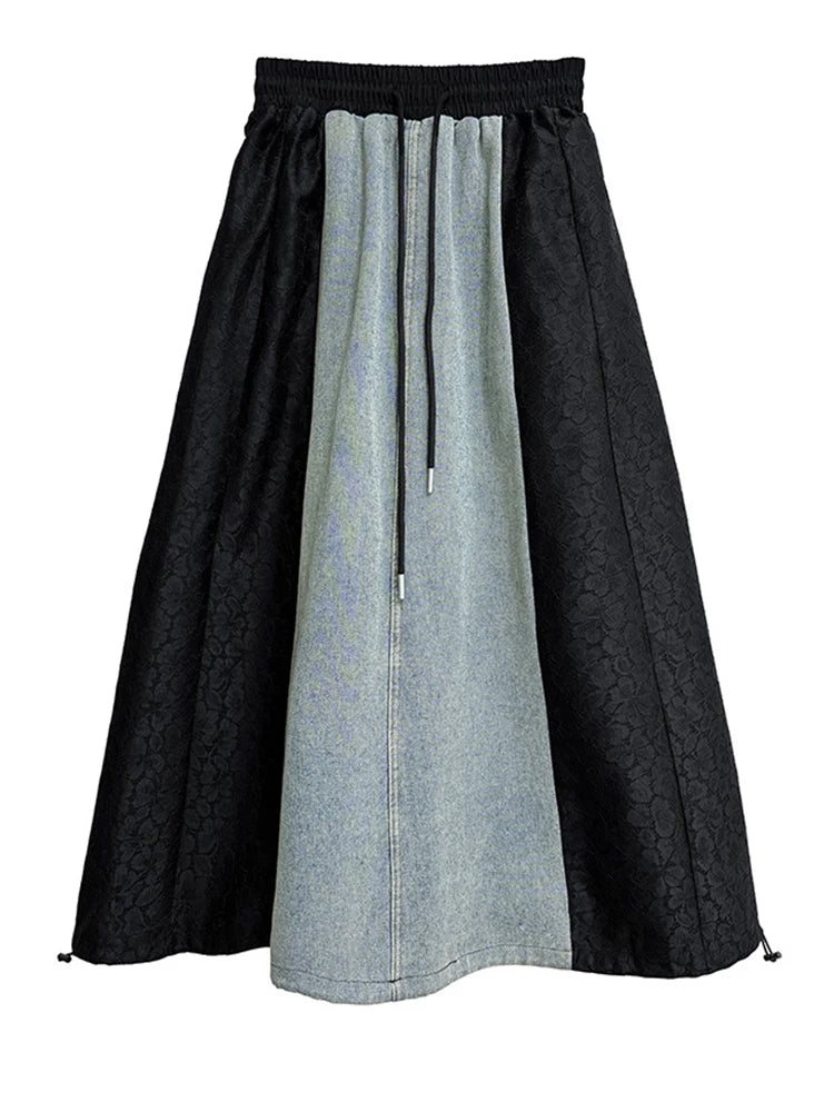 High Elastic Waist Black Denim Lace Color-block A-line Half-body Skirt Women Fashion Tide New Spring Autumn 2025 1DJ0847