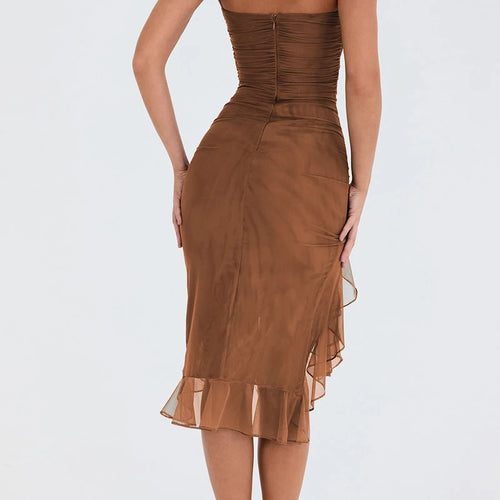 Load image into Gallery viewer, Elegant Ruffle Ruched Midi Dress For Women Robe Summer New Backless Sleeveless Irregular Club Party Sexy Dress Vestido
