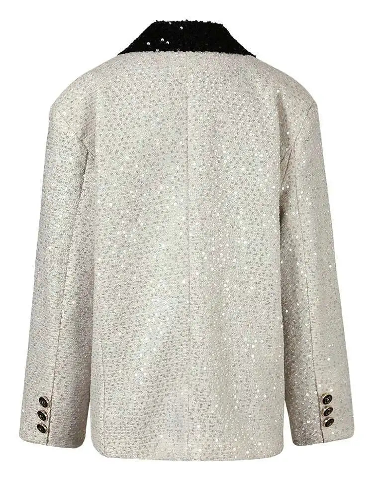 Women Beige Sequins Big Size Elegant Blazer New Lapel Long Sleeve Loose Fit Jacket Fashion Tide Spring Autumn 2025 CPG0776